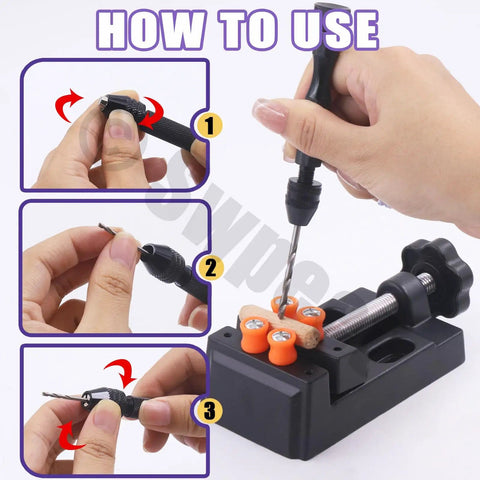 Illustration showing how to use 47 Piece Hand Drill Bit Set With Mini Bench Vise Clamp And Pin Vise for DIY woodworking projects.