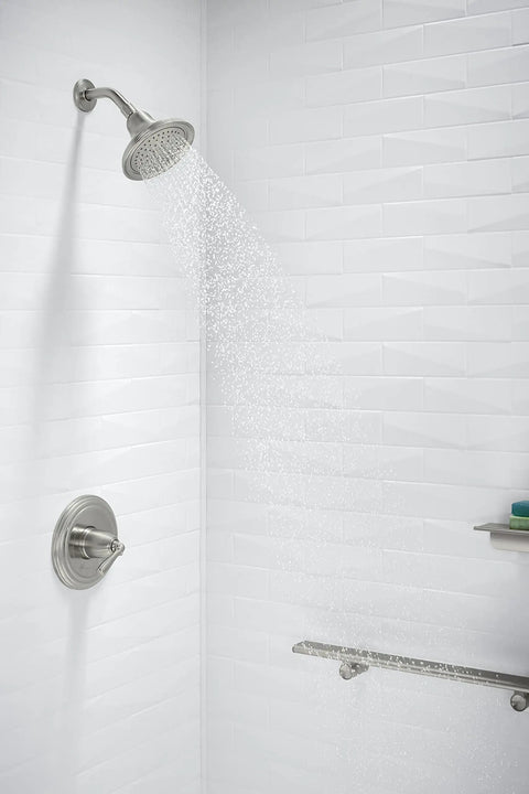 Devonshire Rite-Temp Shower Valve Trim With Lever Handle And 2.5 GPM Showerhead in modern white tile bathroom