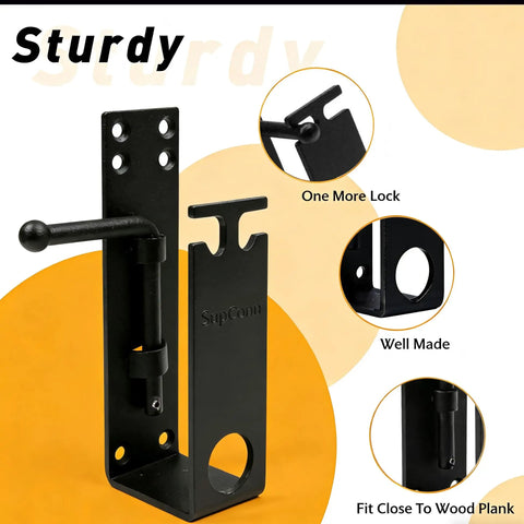 Heavy Duty Lockable Door Barricade Brackets Paired With Gate Bar Holder showing sturdy design and locking mechanism for wall security.