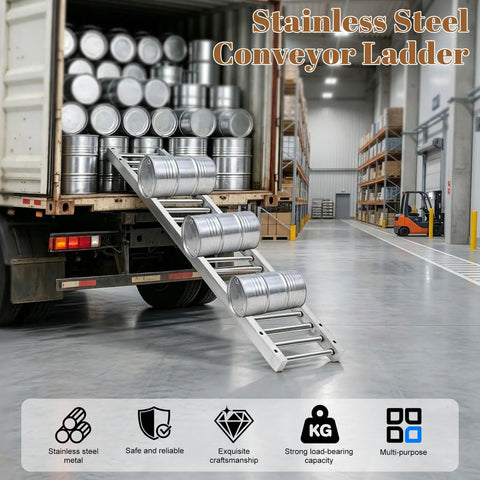 Stainless Steel Roller Conveyor Slide Foldable Portable Heavy Duty Industrial Gravity Transport Cart For Warehousing Logistics and Shipping Up To 440 Lbs in use with barrels.