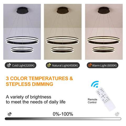 Modern Crystal Chandelier With Dimmable LED Pendant Light In Black, Acrylic Double Ring Design, Remote Dimmer shown with color temps