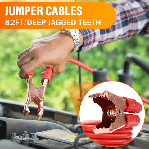 Person using Roadside Emergency Car Tool Kit With Headlamp Jumper Cables Safety Gloves And Gear Bag For Men And Women Essential Vehicle Safety Accessories To Handle Breakdowns And Keep You Ready On The Go jumper cables on car engine