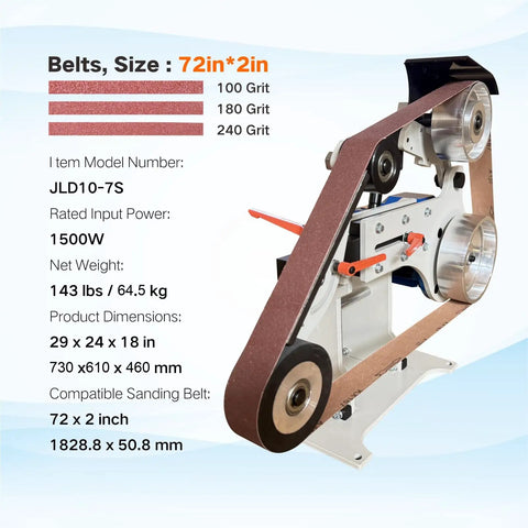Tough As Nails 2X72 Belt Grinder Sander with 72x2 inch sanding belts, 1500W motor, showcasing adjustable components.