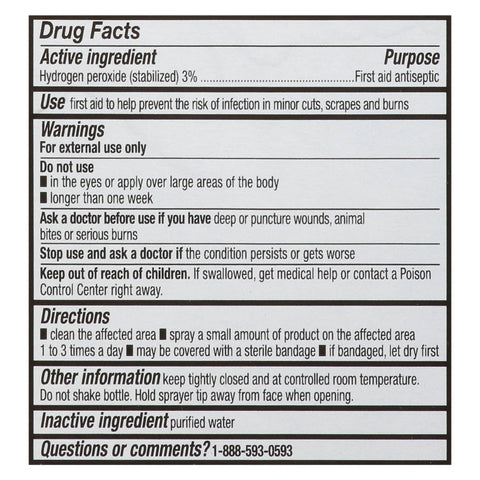 Hydrogen peroxide spray bottle label showing Drug Facts panel, 3% solution for first aid antiseptic.