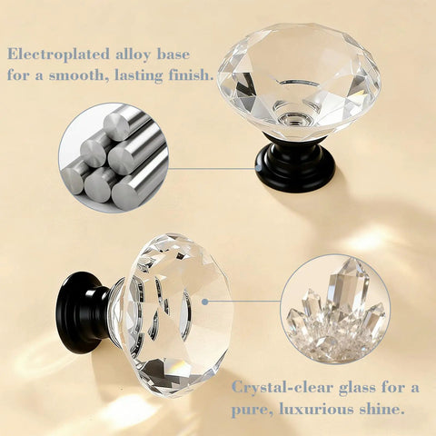 Crystal Glass Cabinet Knobs Six Pack With Cuttable Screws for Dresser and Drawers, showing diamond pull handles with clear black finish.
