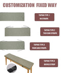 Customizable Size And Color Bench Cushion For Indoor And Outdoor Benches, Bay Window Seat Pad With Non Slip Bottom And Optional Waterproof Piping, Built To Last With Durable 50D Linen Or Waterproof Fabric, Cozy Color Range showing four strapping options including no straps, two side straps, four side straps, and buckle strap.