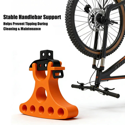 Two Pack Beefy Bike Repair Stands With Portable Handlebar Jacks For Bicycle Maintenance, orange stand supporting bike wheel