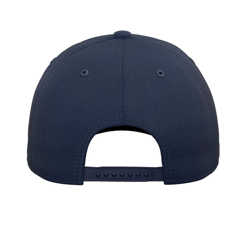 Back view of Gyrocopter Pilot Cap For Gyroplane Enthusiasts Adjustable Navy Blue Five Panel Baseball Hat With Printed Autogyro Motif