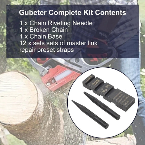 Pocket Chainsaw Breaker Tool Set With 12 Chain Joiner Links And Rivets Kit displayed with kit contents listed.