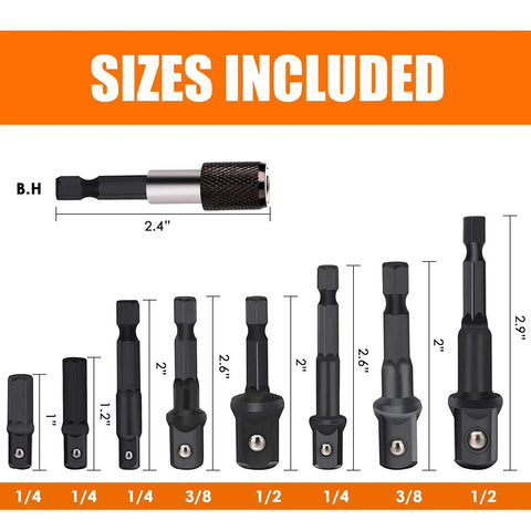 Heavy Duty Impact Socket Adapter Set For Power Tools With Quarter Inch, Three Eighths Inch, And Half Inch Sockets sizes detailed