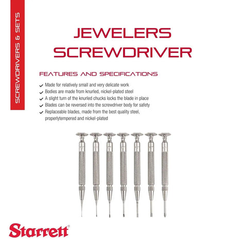 Jewelers Precision Screwdriver Set With Knurled Grips, Nickel Plated Steel Bodies, And Compact Case displayed with specifications