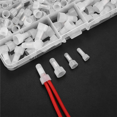 Rock Solid 120 Pack Closed End Crimp Connectors For Electric Pros. Heavy Duty Nylon Insulated Tips In 22-16, 16-14 And 12-10 Gauge Sizes Guarantee Snug Fits Plus Safety Certs That Keep Your Gear Short Circuit Free And Looking Sharp On Any Rig. Close-up of white nylon insulated closed end crimp connector on red wires.