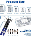 Rivet Nut Tool Kit 430 PCS Metric Rivnuts M3 M4 M5 M6 M8 With Rivet Nut Gun Weatherproof Carbon Steel sizes and components display