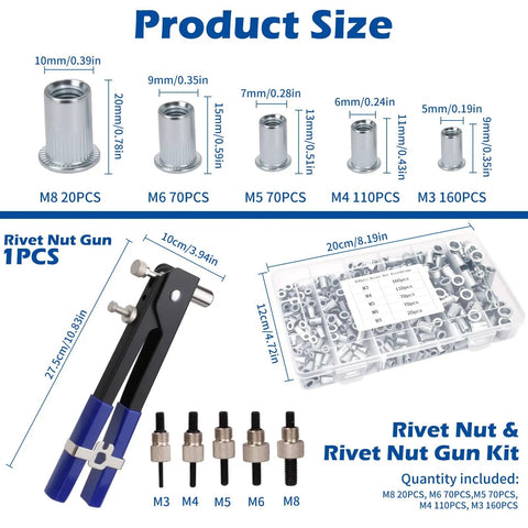 Rivet Nut Tool Kit 430 PCS Metric Rivnuts M3 M4 M5 M6 M8 With Rivet Nut Gun Weatherproof Carbon Steel sizes and components display