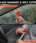 Two orange automotive emergency tools: glass breaker hammer (front view) and seatbelt cutter (in-car view).
