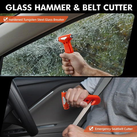 Two orange automotive emergency tools: glass breaker hammer (front view) and seatbelt cutter (in-car view).