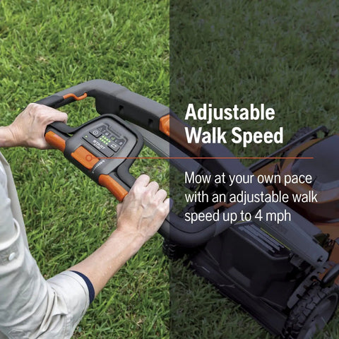 Battery Powered Self Propelled Lawn Mower With Brushless Motor For Small Yards 40V Lithium Ion Two 7.5Ah Batteries Charger Included Pro Grade Cut Long Runtime No Fuss Quick Start, handle control with adjustable walk speed