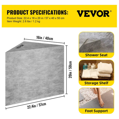 Ready To Tile Tile Shower Seat Corner Bench Waterproof Leak Proof Tileable Rock-Solid EPS Composite Construction Triangular Shower Bench Supports Up To 440 Lbs Grey 22.4 x 16 x 20 Inch in diagram with dimensions