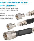 Dual CB Antenna Coax Cable 10 Ft Ultra Low Loss RG8X Stranded Copper Core With PL259 And FME Connectors, detailed view