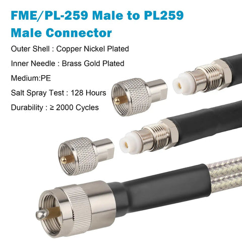 Dual CB Antenna Coax Cable 10 Ft Ultra Low Loss RG8X Stranded Copper Core With PL259 And FME Connectors, detailed view