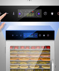 Smart LED display on commercial freeze dryer and electric food dehydrator for fruits vegetables meat and seafood stainless steel build.