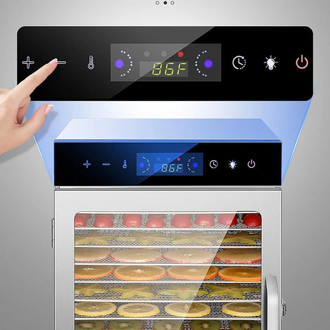 Smart LED display on commercial freeze dryer and electric food dehydrator for fruits vegetables meat and seafood stainless steel build.