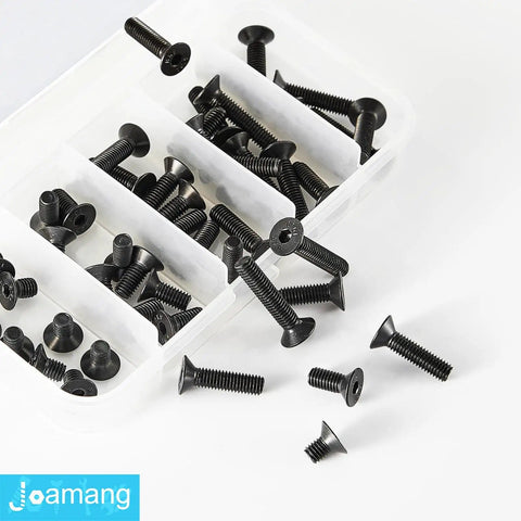 Beefy Heavy Duty M5 Flat Head Hex Socket Cap Screws Set in box, alloy steel black oxide finish, fully threaded, 50Pcs kit