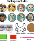 Dog Diamond Art Coaster Kit For Beginners With Holder DIY 8 Pack Diamond Painting Coasters Set Includes Cork Bases Diamonds Pen Glue Tray And Bonus Extra Diamonds For Easy Creative Crafting shown with coasters, cork bases, diamonds, tray, pen, glue, and holder.