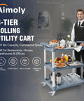 Three Tier Rolling Utility Cart On Wheels With 510 Lbs Capacity And Four Lockable Swivel Casters in a restaurant setting