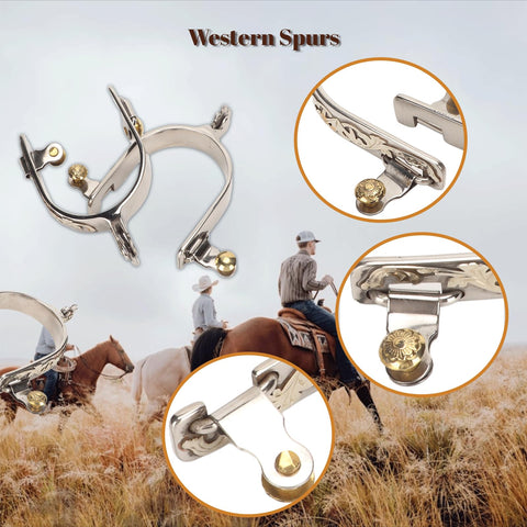 2 Pack Stainless Steel Western Cowboy Spurs With Rotating Gear For Men And Women Hand Carved Floral Inlays Vintage Western Style