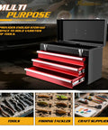 20 Inch Portable Metal Tool Box With Three Drawers And Top Tray, Grab And Go Latch Closed Organizer Chest For Garage, Home And Warehouse, Red And Black, Built Tough For Quick Access And A Clean, Efficient Workspace. Open red and black metal tool box with drawers
