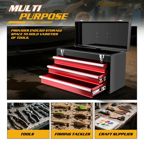 20 Inch Portable Metal Tool Box With Three Drawers And Top Tray, Grab And Go Latch Closed Organizer Chest For Garage, Home And Warehouse, Red And Black, Built Tough For Quick Access And A Clean, Efficient Workspace. Open red and black metal tool box with drawers