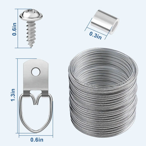 All In One Picture Hanging Kit 181 Piece Heavy Duty Set With 100 Ft Braided Wire, D Ring Hanger, Screw, and Crimp Sleeve