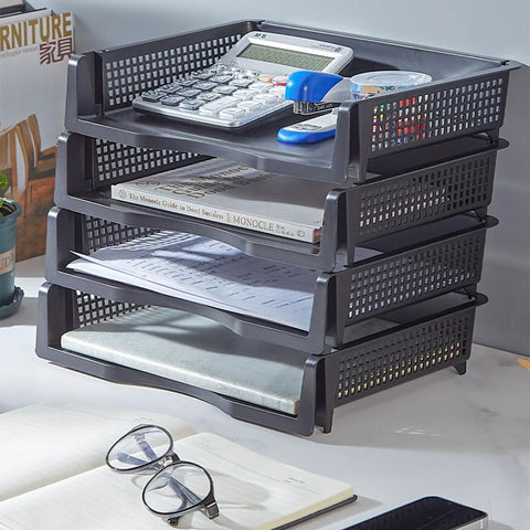 Stackable Letter Tray Desk Organizer Set for Office Vertical and Horizontal Document Holder with papers and calculator