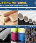 Drill saw blades set for Dremel; collage showing wood blocks, PVC pipe, aluminum, plastic storage bins, and soft metals