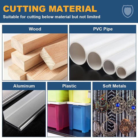 Drill saw blades set for Dremel; collage showing wood blocks, PVC pipe, aluminum, plastic storage bins, and soft metals