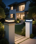 Super Sleek 4x4 Solar Post Cap Lights 12 Pack for Fences and Decks illuminating garden path and porch at night.