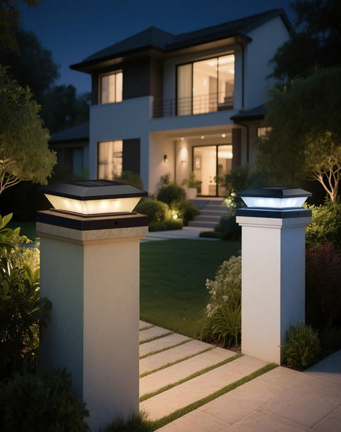 Super Sleek 4x4 Solar Post Cap Lights 12 Pack for Fences and Decks illuminating garden path and porch at night.