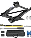 Heavy Duty 2.5 Ton Scissor Jack Car Tire Changing Emergency Tool Kit With Lifting Handle And Safety Stand For SUV Truck And Sedan Black with tools and carrying case.