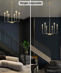 Dope Gold 6-Light Farmhouse Chandelier hanging above modern staircase, showcasing brushed gold finish and adjustable height options.