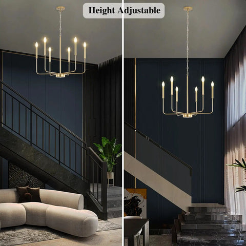 Dope Gold 6-Light Farmhouse Chandelier hanging above modern staircase, showcasing brushed gold finish and adjustable height options.