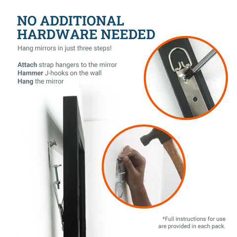 Step-by-step guide using Heavy Duty Mirror Hanging Kit with strap hangers and J-hooks for secure wall mounting.