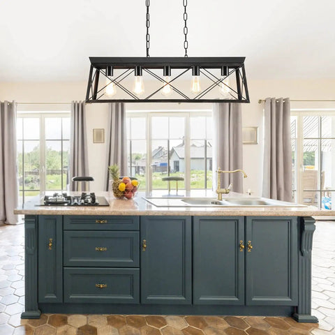 Five Light Dining Room Chandelier in Black and Brush Gold Finish over kitchen island, modern linear ceiling light
