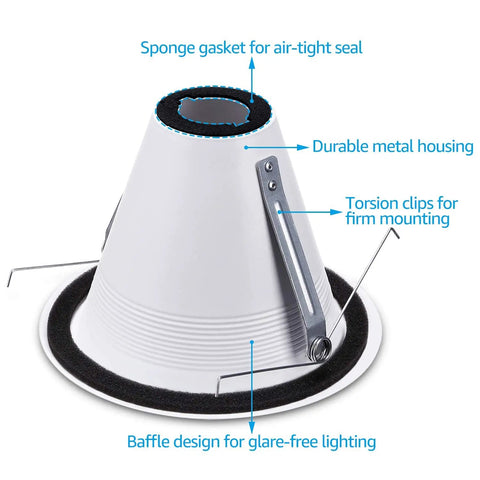 6 Inch Recessed Can Light Trim Pack Of 6 Air Tight IC Rated Self Flanged Baffle Anti Glare White Trim with sponge gasket seal