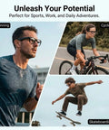 People using Meta Ear Grip For Ray-Ban Gen 2 Smart Glasses while running, cycling, and skateboarding.