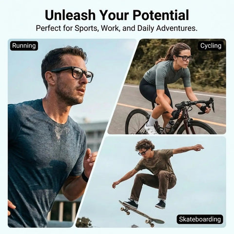 People using Meta Ear Grip For Ray-Ban Gen 2 Smart Glasses while running, cycling, and skateboarding.