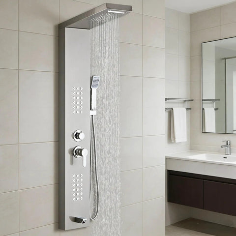 5 In 1 Shower Panel Tower With Powerful Rainfall Head And Body Massage Jet Plus Tub Spout And Handheld Sprayer Crafted From Brushed Gray 304 Stainless Steel Legit Luxury That Builds Differently For Daily Spa Vibes