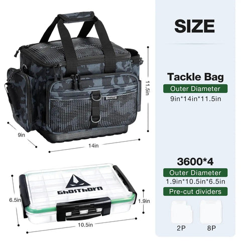 Waterproof Fishing Tackle Box 4 Pack With 3600 And 3700 Tackle Trays, durable bag and plastic organizer with removable dividers.