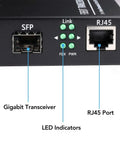 Front view of BiDi Gigabit Single-Mode Fiber Ethernet Media Converter Kit With Two SFP LC Transceivers Included, showing SFP and RJ45 ports.