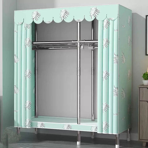 Portable Canvas Wardrobe Large Clothes Closet Storage Organizer With Hanging Rod And Shelves Dust Cover in mint green design.